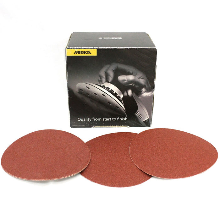 Box of Mirka sanding discs. Three rust colored sanding discs shown in front of the box to show shape and grit.