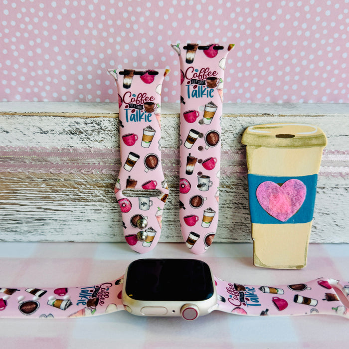 coffee before talkie apple watch band â blush silicone with coffee cups, beans and donuts; fits 38â49 mm