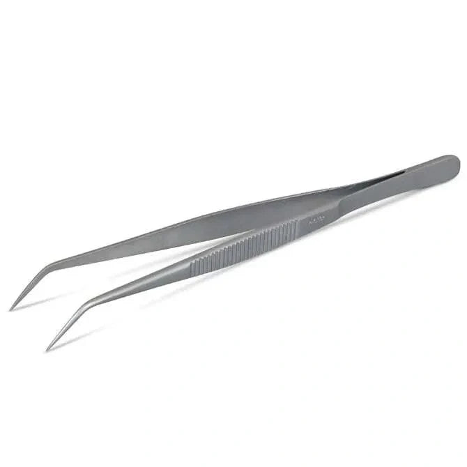 Pair of silver tweezers on a white background