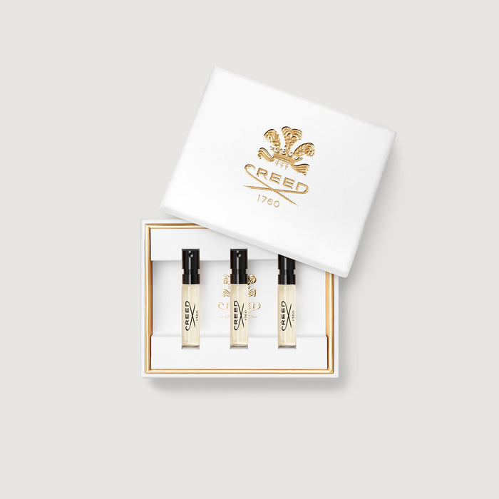 Customizable Sample Set Open White & Gold Box with 3 Creed cologne sample vials - Top View | Creed Boutique