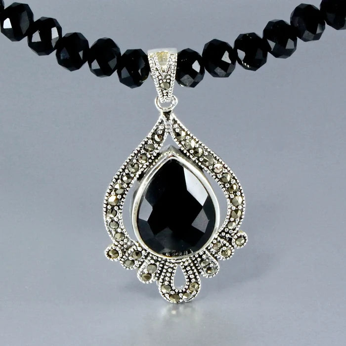 Black Agate, Marcasite, and Sterling Silver Necklace/Earrings/Set