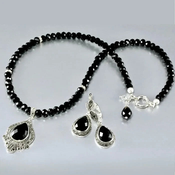 Black Agate, Marcasite, and Sterling Silver Necklace/Earrings/Set