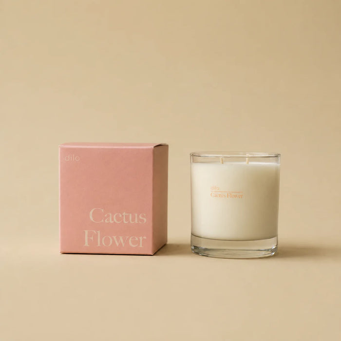 Dilo Cactus Flower candle and packaging on a beige background