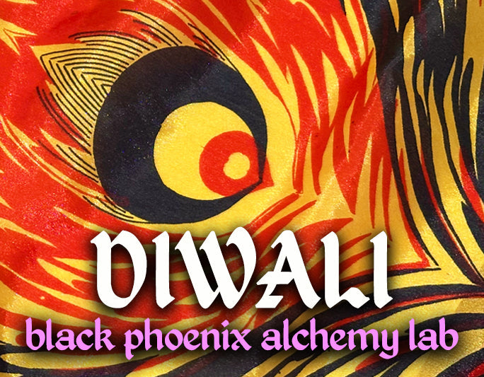 Diwali celebration with black phoenix alchemy lab branding on a colorful background