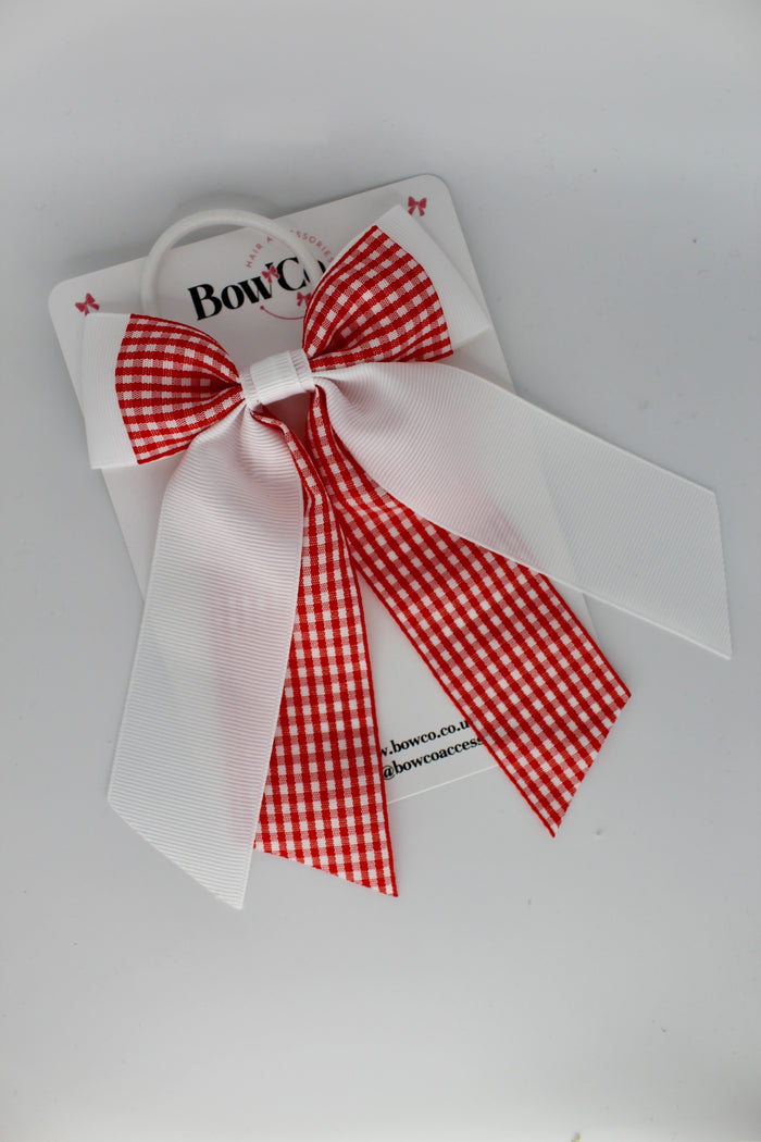 Double Layer Tail Bow - School Bow Red Gingham - Elastic