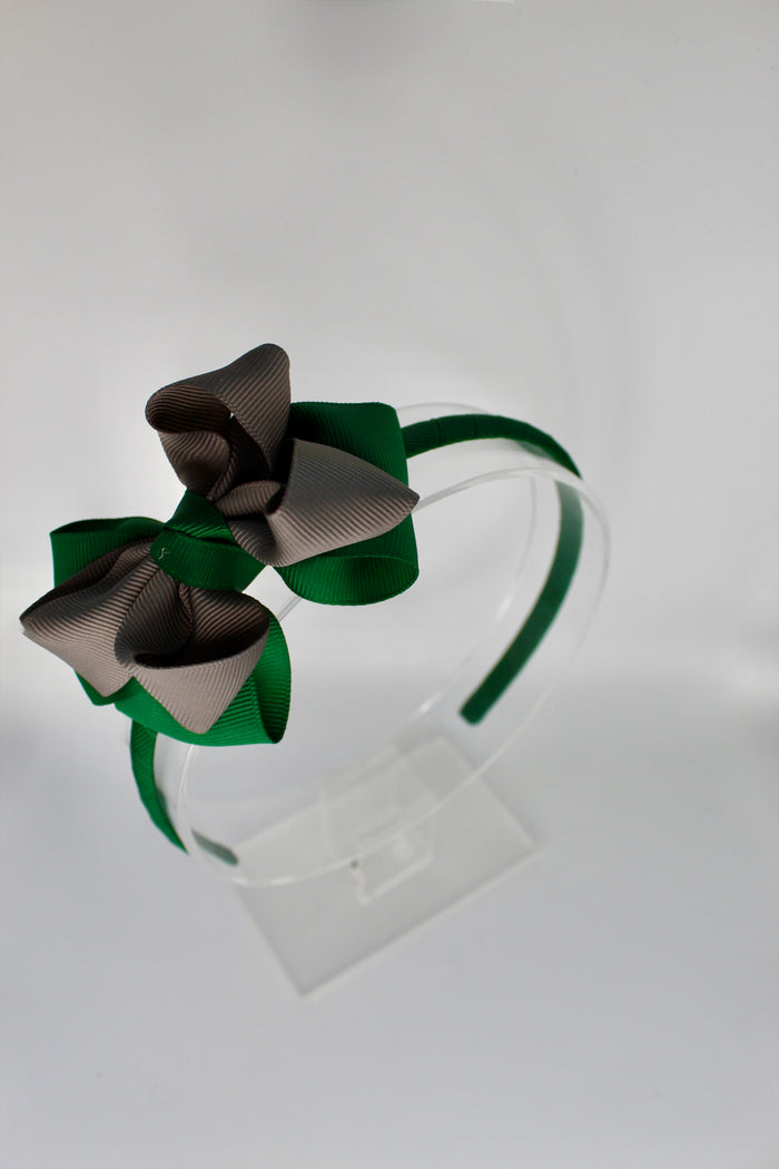 Double Loop School Headband - Forest Green and Grey