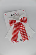 Double Ribbon Tail Bow - School Bow Red Gingham - Elastic