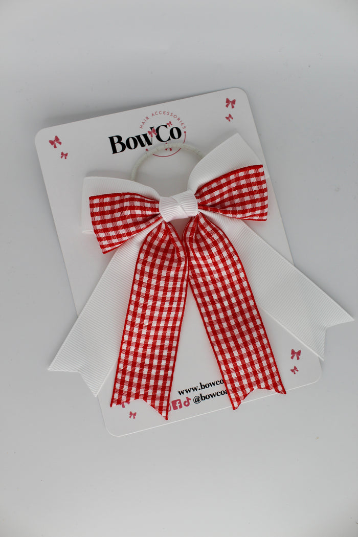 Double Ribbon Tail Bow - School Bow Red Gingham - Elastic