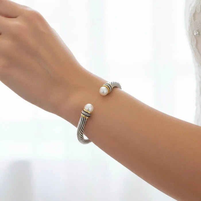 Wedding Jewelry - Two-Tone Silver Pearl Bracelet