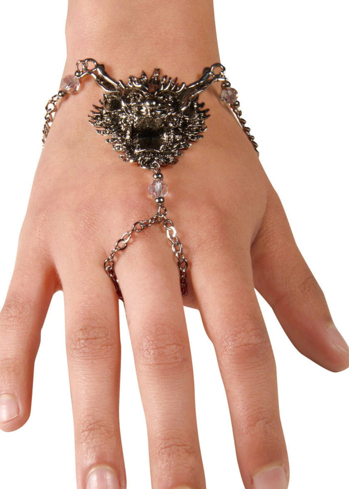 Silver dragon head hand chain finger bracelet with adjustable wrist chain