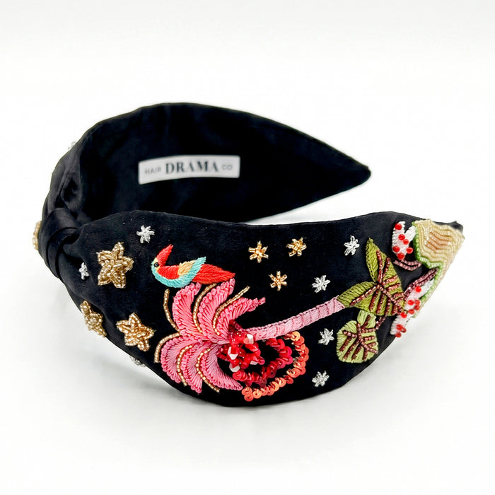 Intricate bird embroidered headband with vibrant beadwork on black - statement hair accessory
