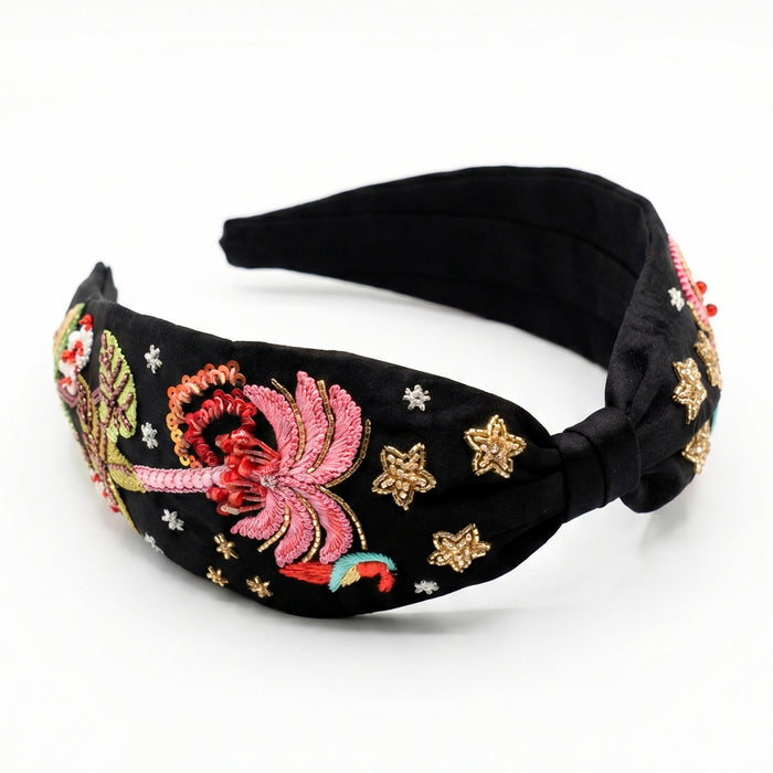 Wearable art tropical bird knotted headband with hand embroidery and crystal details