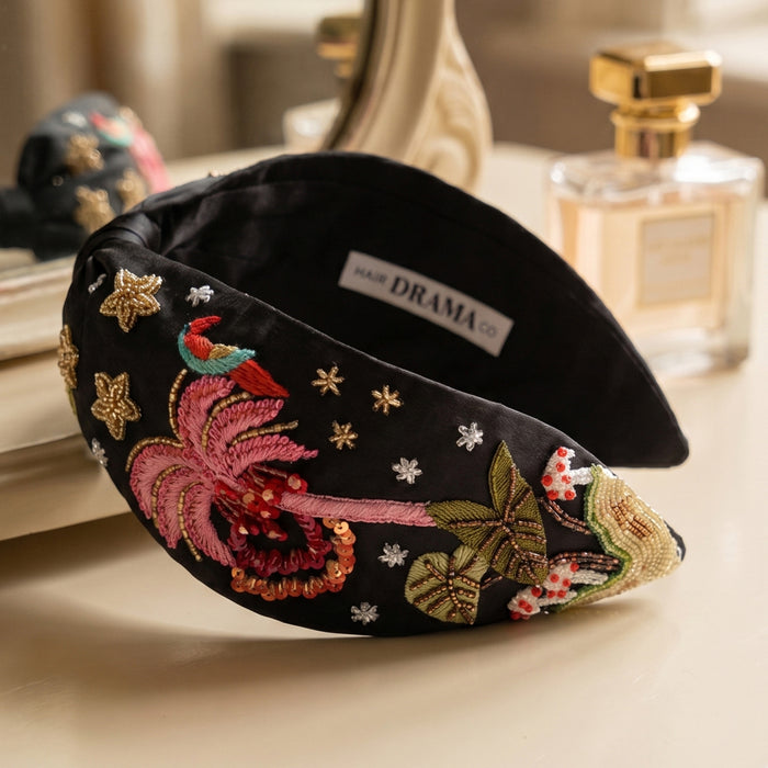 Bird embroidered headband - vibrant hand-beaded tropical design on black satin