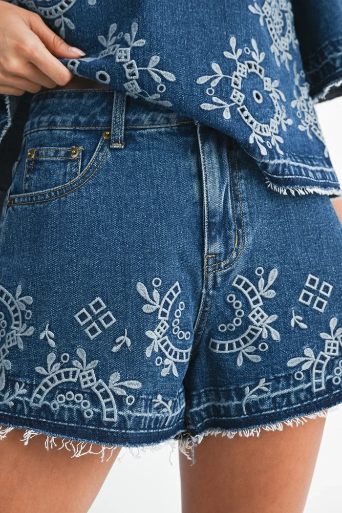 Embroidered Denim Shorts