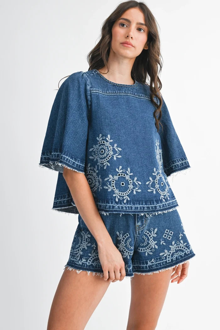 Embroidered Denim Shorts