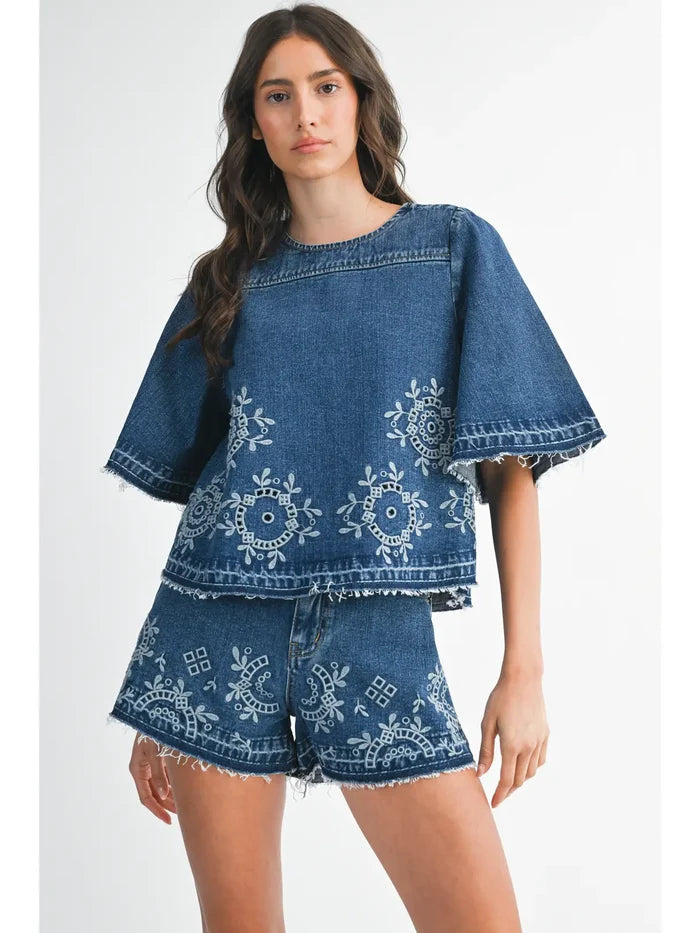 Embroidered Denim Shorts