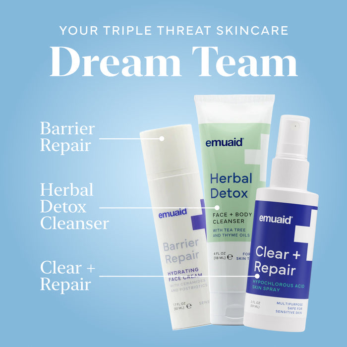 Emuaid skincare products labeled 'Dream Team' on a blue background
