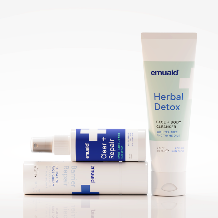 Three emuaid skincare products on a white background
