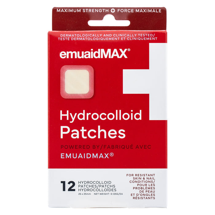Pack of emuaidMAX Hydrocolloid Patches on a white background