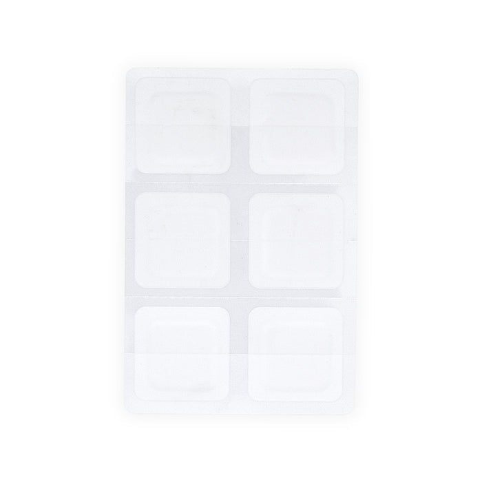 clear sheet with with six square patches inside on a white background