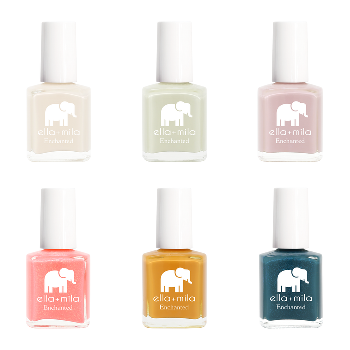 Enchanted Collection 6 nail polish bottles in nude, sage, lilac, coral, mustard and blue