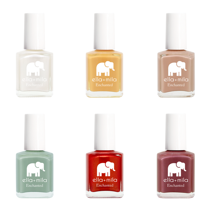 Enchanted Collection Set C 6 nail polish bottles in pearly white, mustard, brown, evergreen, red and burgundy