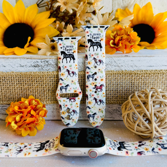 Equestrian Bloom Apple Watch band with horse silhouettes and floral print styled with sunflowers and rustic decor