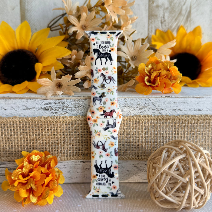 Equestrian Bloom Apple Watch band with horse silhouettes and floral print styled with sunflowers and rustic decor