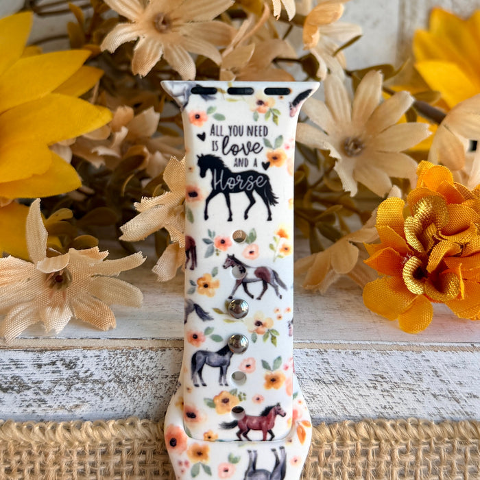 Equestrian Bloom Apple Watch band with horse silhouettes and floral print styled with sunflowers and rustic decor