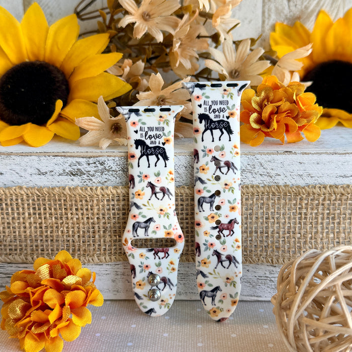Equestrian Bloom Apple Watch band with horse silhouettes and floral print styled with sunflowers and rustic decor
