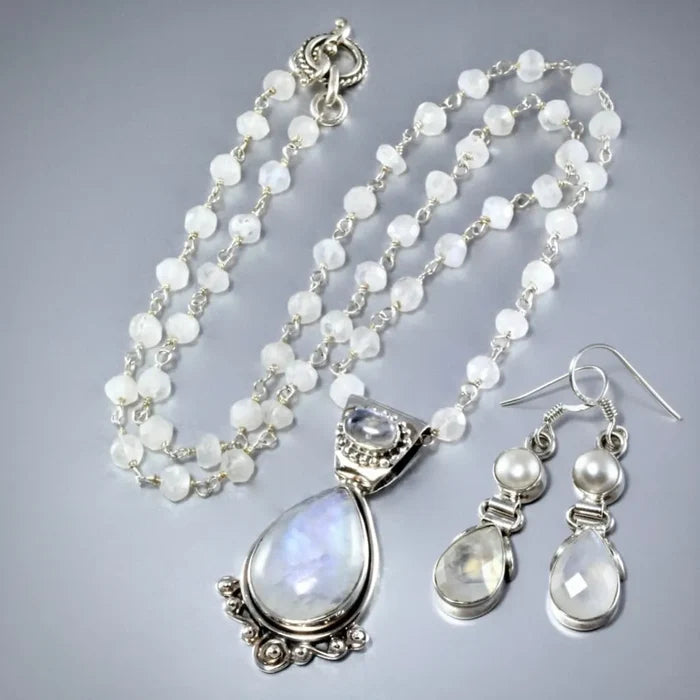 Wedding Jewelry - Rainbow Moonstone and Sterling Silver Necklace & Earrings Set
