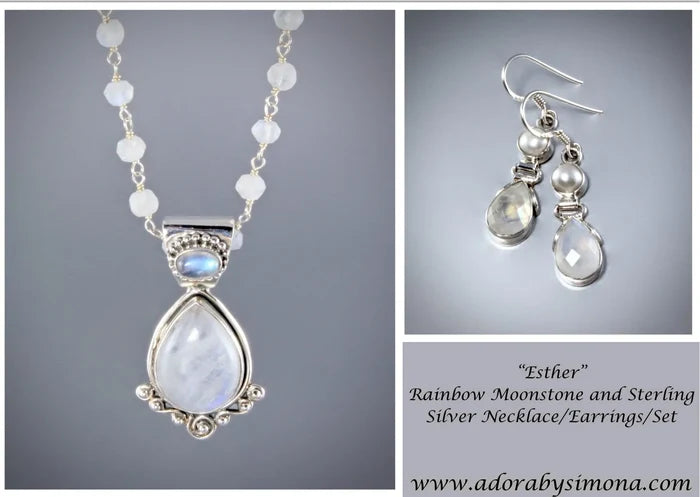 "Esther" - Rainbow Moonstone and Sterling Silver Necklace/Earrings/Set