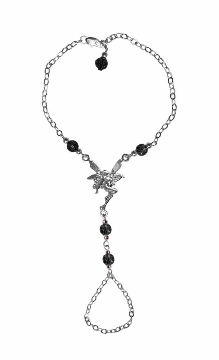 Silver fairy hand chain finger bracelet with black bead accents adjustable front view