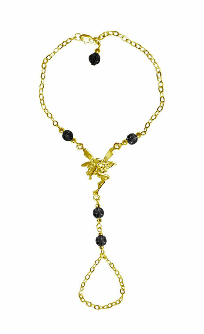 Gold fairy hand chain finger bracelet with black bead accents