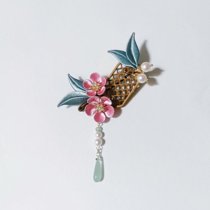 Fanghua Handmade Chanhua Flower Hair Clip - Teal Leaves with Pearl & Stone Drop