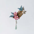 Fanghua Handmade Chanhua Flower Hair Clip - Teal Leaves with Pearl & Stone Drop