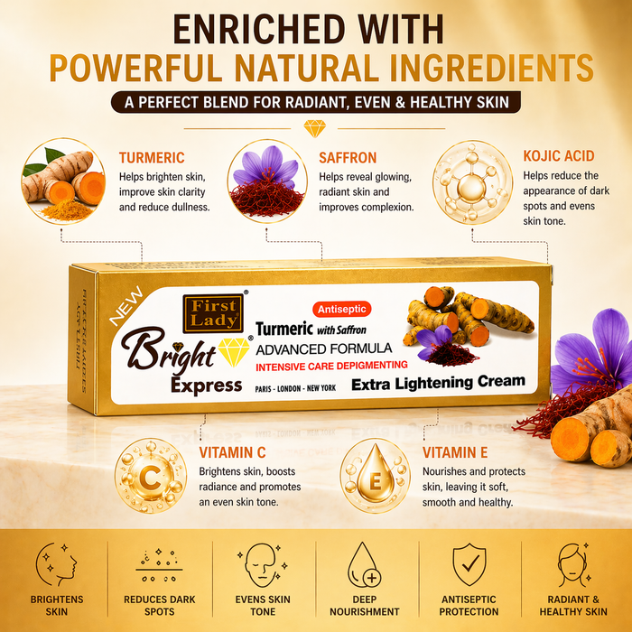 First Lady Bright Express Turmeric & Saffron Cream 50g | Kojic Acid, Vitamin C & E Brightening Face Cream for Glow & Even Skin Tone