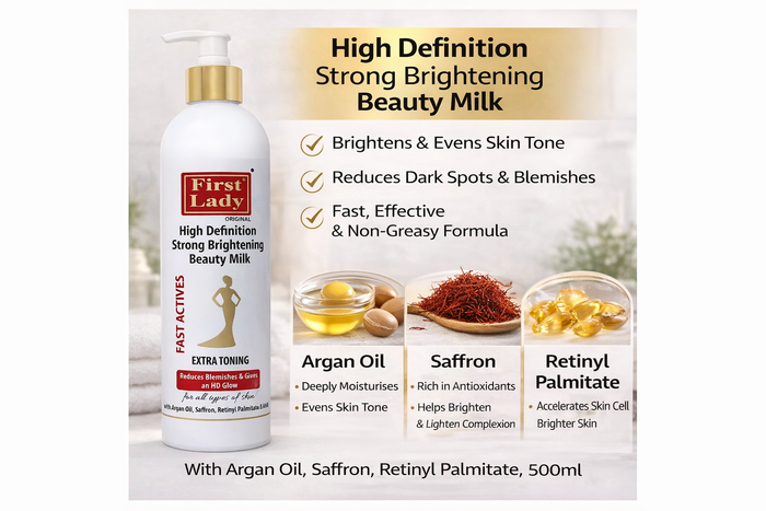 First Lady HD Skin Brightening Lotion 500ml – Kojic Acid, Vitamin C, Lactic Acid, Argan Oil | Glow Up & Glow Booster