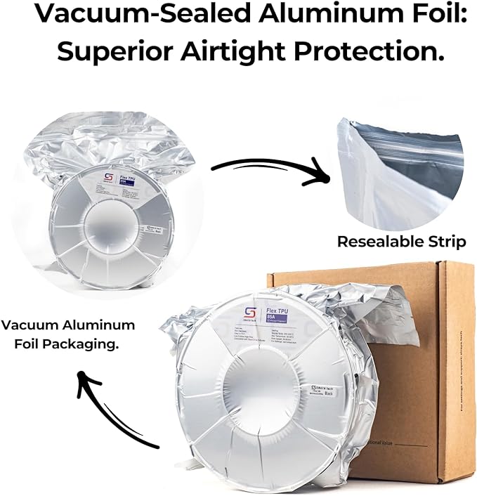 flexible filament TPU 85A spool in vacuum-sealed aluminum foil bag with resealable strip