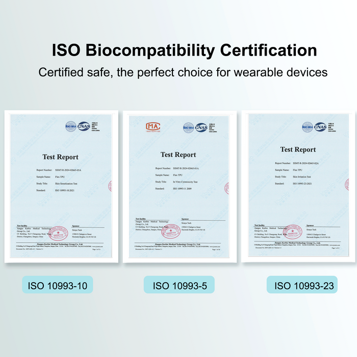 flexible TPU filament ISO biocompatibility certification test reports ISO 10993 series