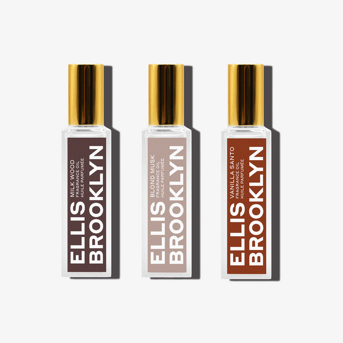 Milk Wood Fragrance Oil 15, Blond Musk Fragrance Oil 15ml, and Vanilla Santo Fragrance Oil 15ml on white background.
