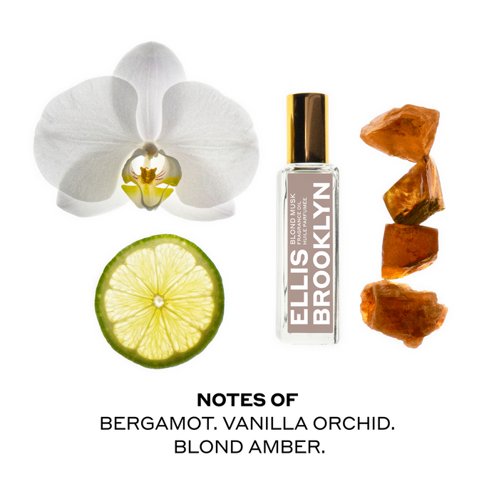Blond Musk  Fragrance Oil 15ml with white flower, bergamot slice, and pieces of amber on white background above black text that reads "Notes Of Bergamot. Vanilla Orchid. Blond Amber."