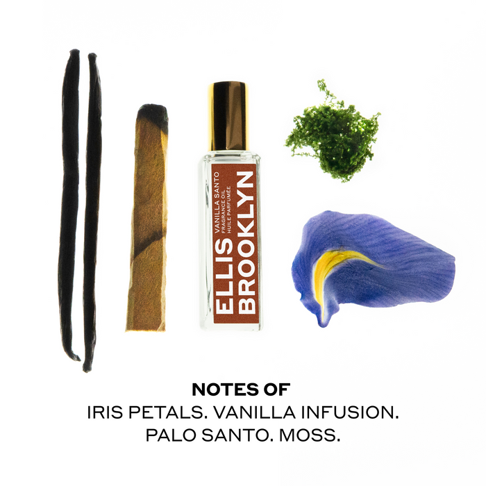 Vanilla Santo Fragrance Oil 15ml with vanilla beans, palo santo, iris petal, and moss on white background above black text that reads "Notes Of Iris Petals. Vanilla Infusion. Palo Santo. Moss."