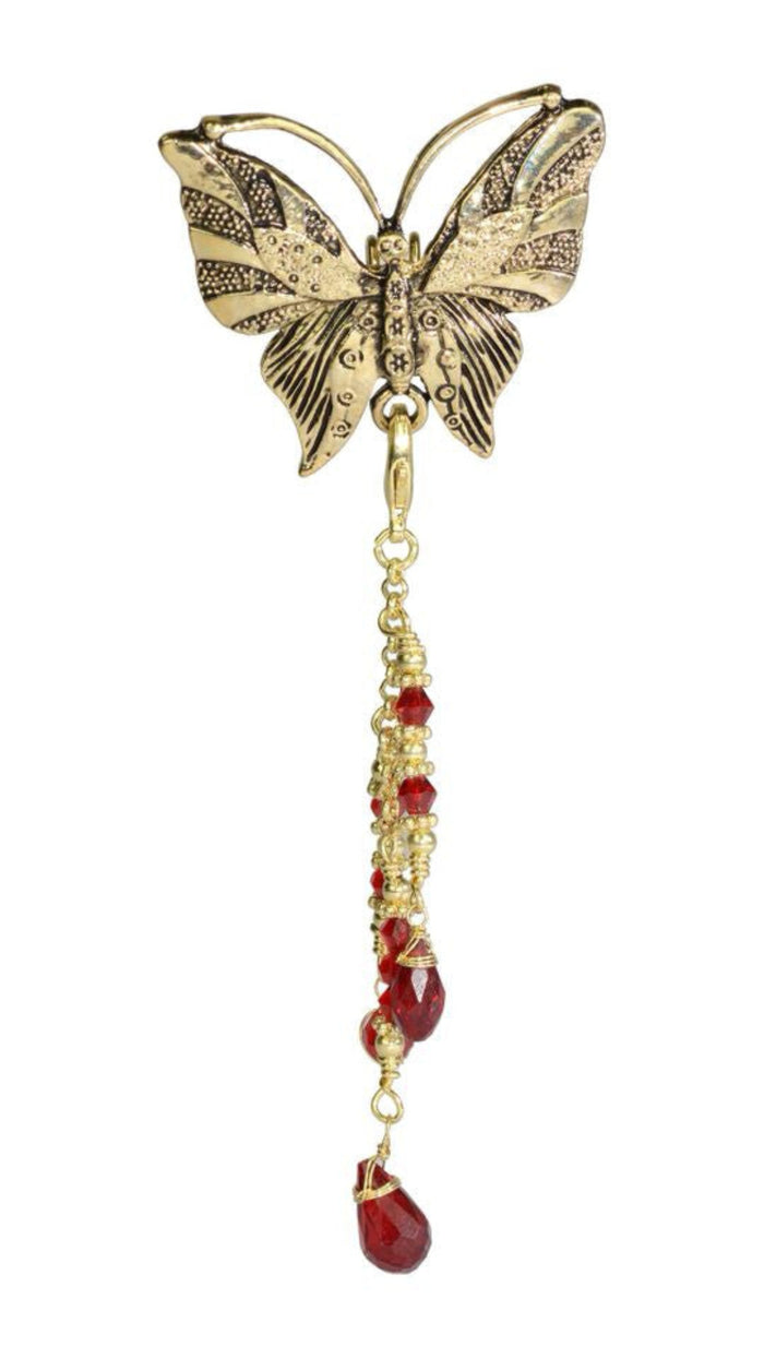 Gold butterfly hair hook ponytail holder with dangling red crystal bead charm, front view