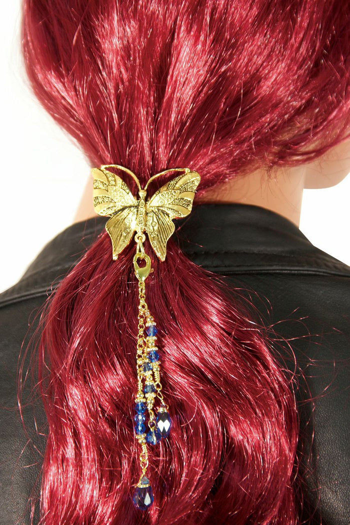 Gold Butterfly Hair Hook with Bead Charm – Elegant Ponytail Holder for Women