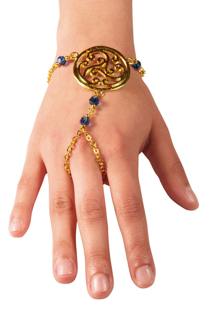 Model wearing Gold Celtic Finger Bracelet - Adjustable Hand Chain Knot Design