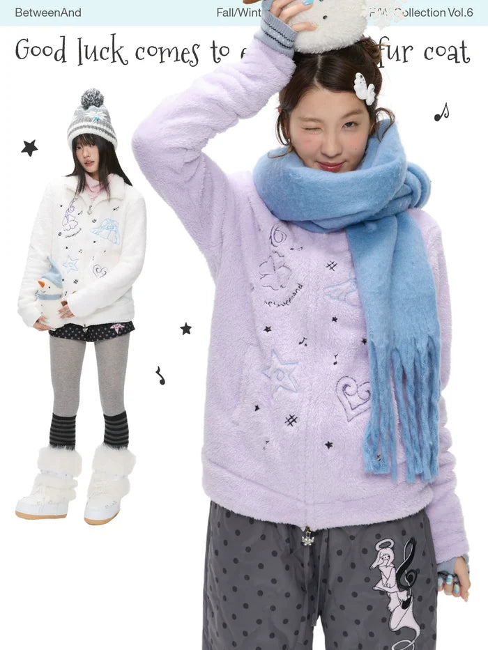 Good luck embroidered fleece jacket with soft plush texture