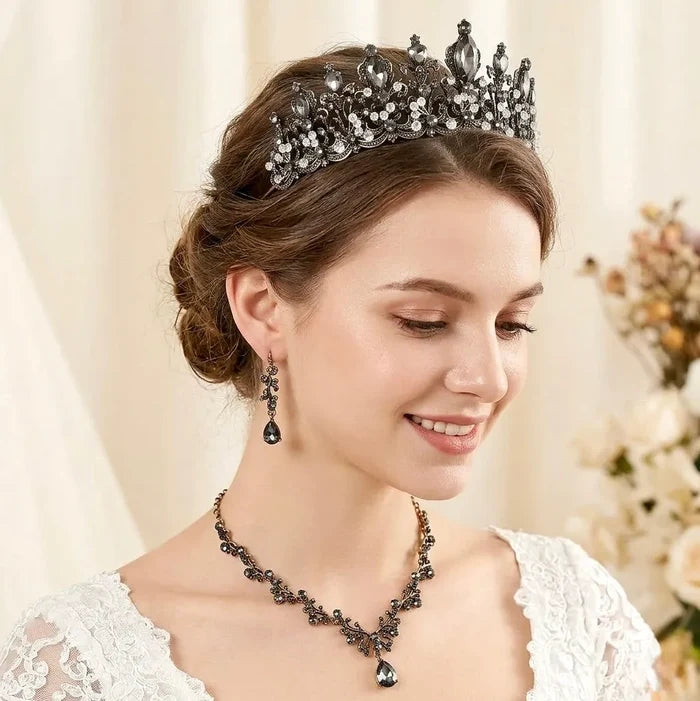 Wedding Jewelry and Accessories - Black Bridal 3-Piece Jewelry Set With Tiara