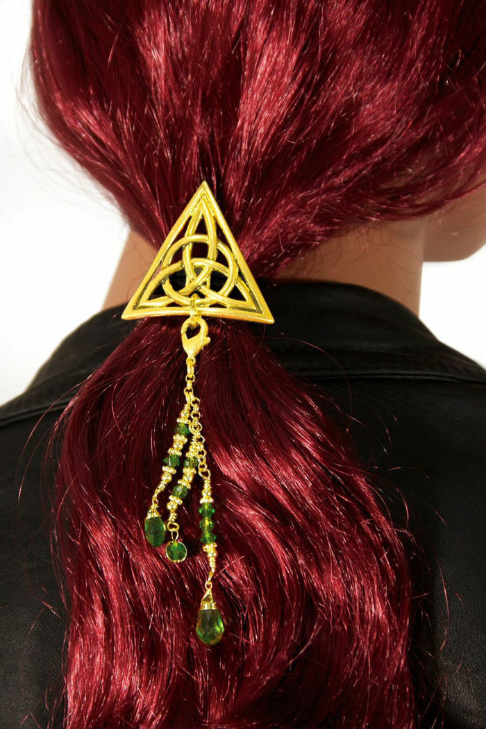 Hair Hook – Gold Celtic Triangle with Bead Charm | Elegant Ponytail Holder for Women