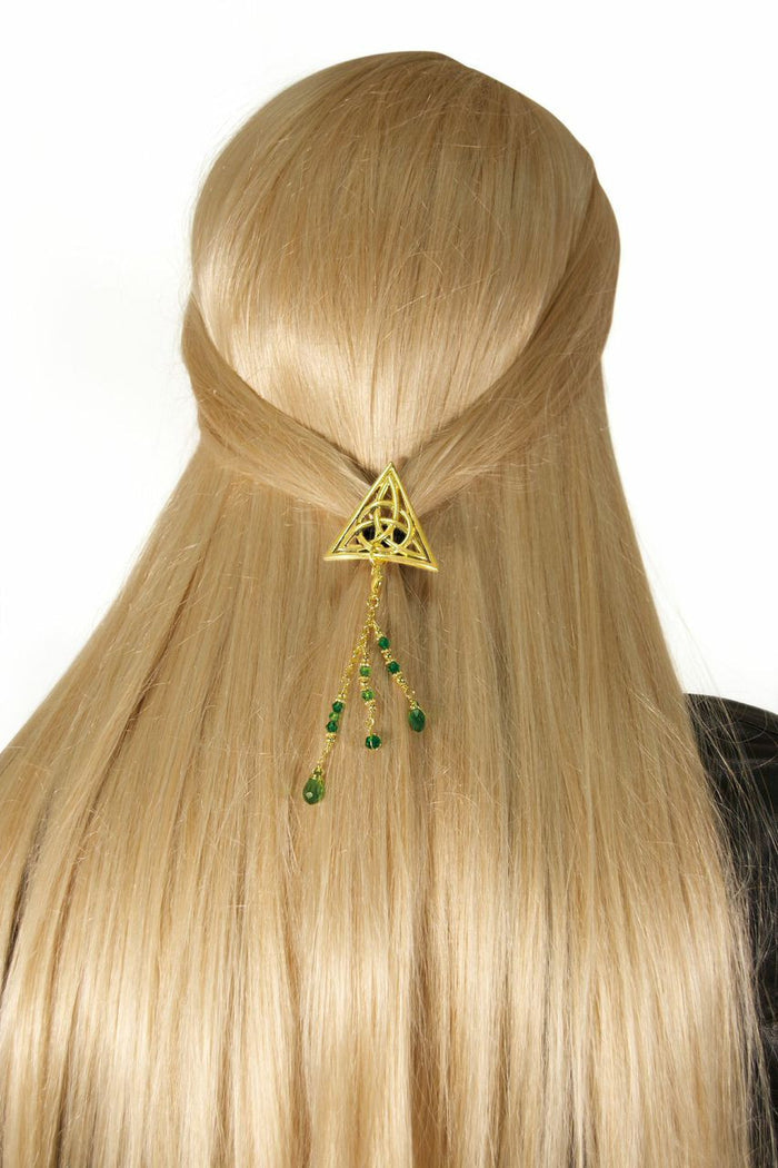 Hair Hook – Gold Celtic Triangle with Bead Charm | Elegant Ponytail Holder for Women